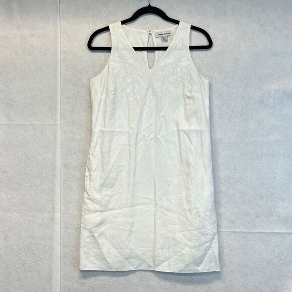 TOMMY BAHAMA Dress XS White Linen Sleeveless Embroidered Lined V-Neck Pockets - Picture 1 of 11